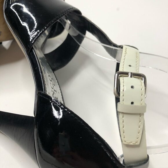 Franco SARTO Shiny Black Silver Patent Leather T-Strap Colorblock Sandal Heels - Picture 8 of 13